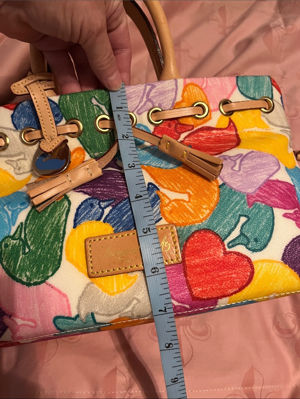NWT Dooney & Bourke Multicolor Wonder Duck Satchel with Tan Leather Trim - Picture 10 of 11